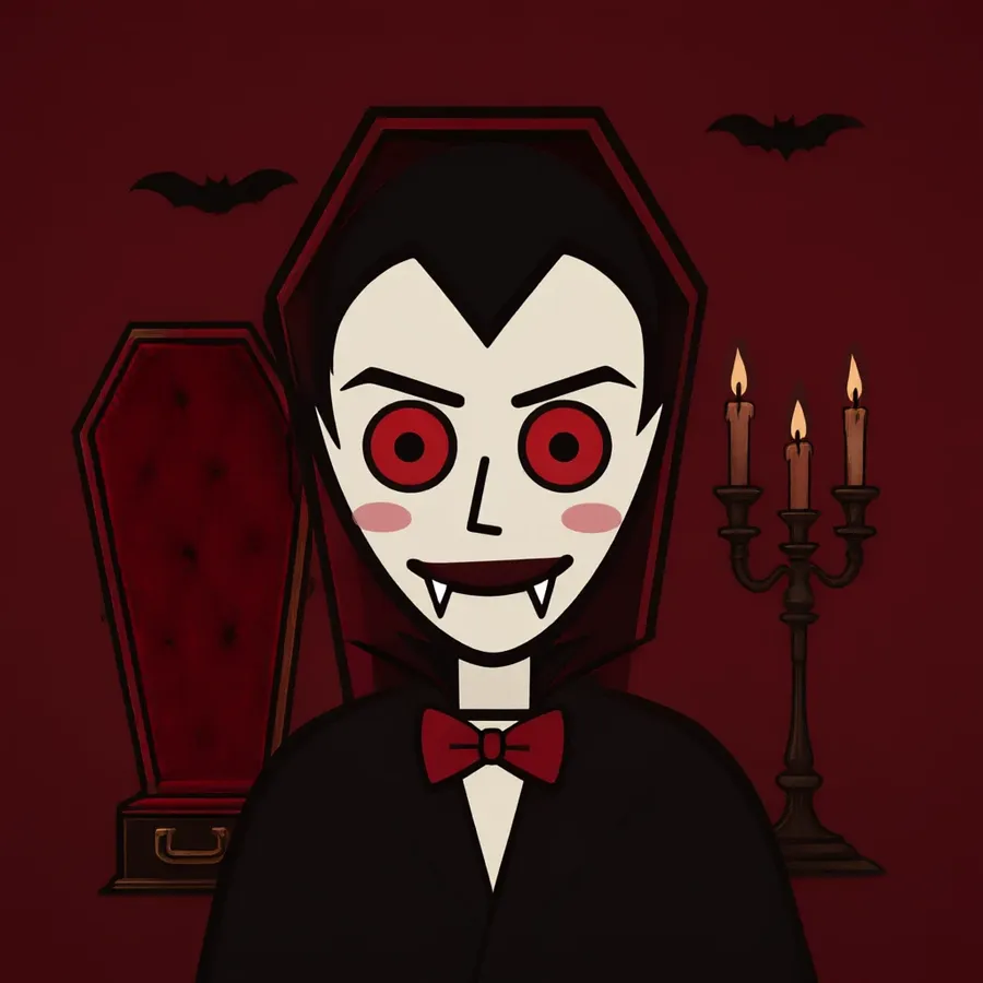 An open crimson coffin under a candelabra